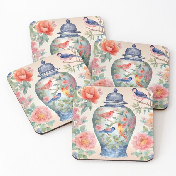 Item preview, Chinoiserie jar with birds and flowers chinoiserie watercolor designed and sold by SophieClimaArt.