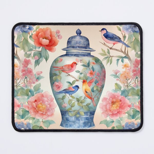 Item preview, Chinoiserie jar with birds and flowers chinoiserie watercolor designed and sold by SophieClimaArt.