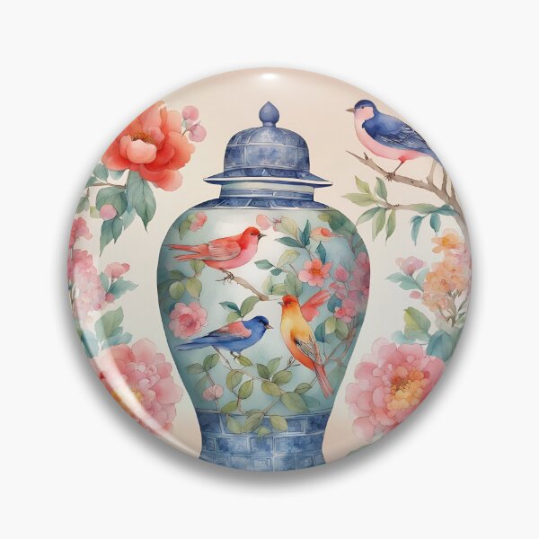 Item preview, Chinoiserie jar with birds and flowers chinoiserie watercolor designed and sold by SophieClimaArt.