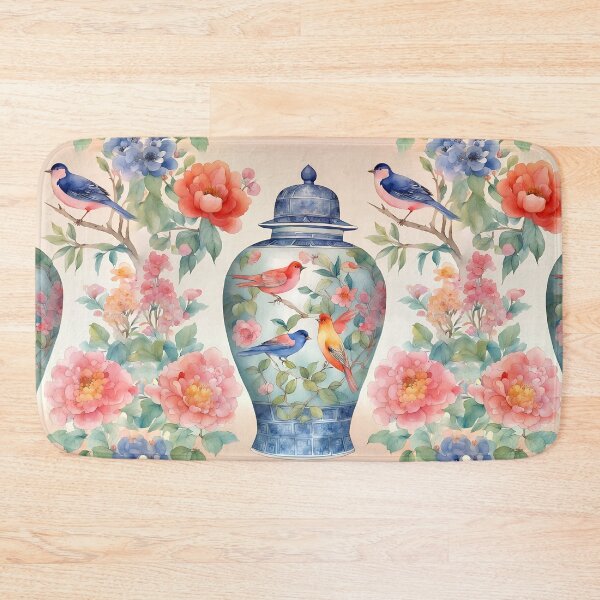 Item preview, Chinoiserie jar with birds and flowers chinoiserie watercolor designed and sold by SophieClimaArt.