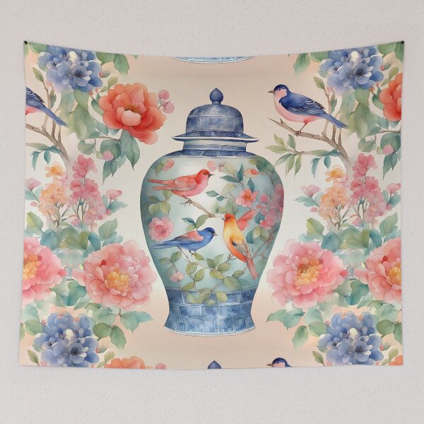 Item preview, Chinoiserie jar with birds and flowers chinoiserie watercolor designed and sold by SophieClimaArt.