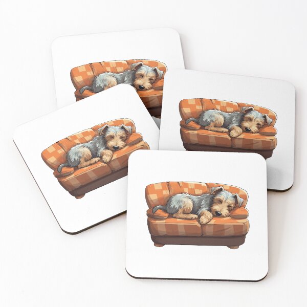 Item preview, Cozy Terrier Dreams - Grey & Brown Pup on Soft Orange-Brown Couch designed and sold by PureGlee.
