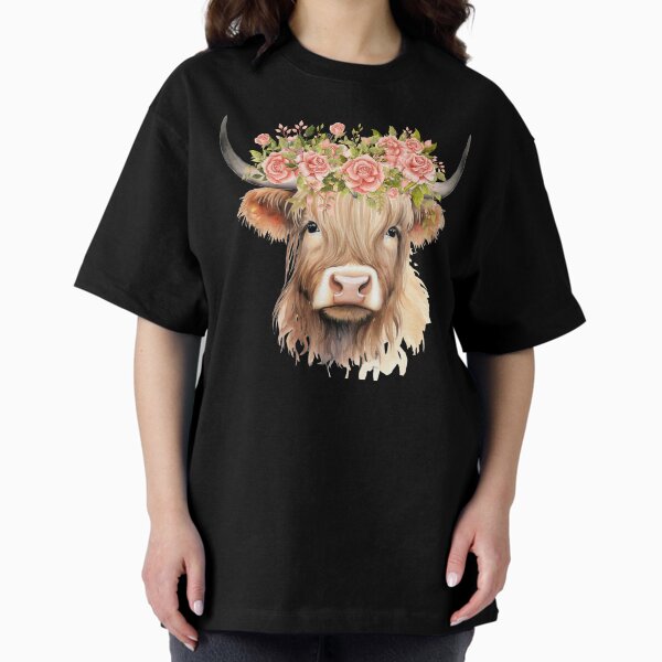 Vista previa del artículo con la obra «Vaca bebé de las tierras altas con flores», diseñado y vendido por LionessLove.