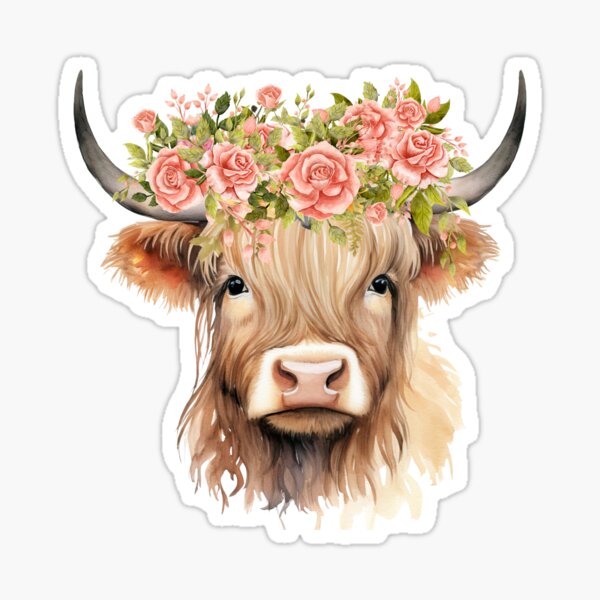 Vista previa del artículo con la obra «Vaca bebé de las tierras altas con flores», diseñado y vendido por LionessLove.