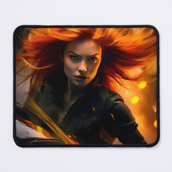 Item preview, A movie poster of a ginger-haired model amidst a high-octane, adrenaline-fueled action scene. designed and sold by AI-Only Creations.
