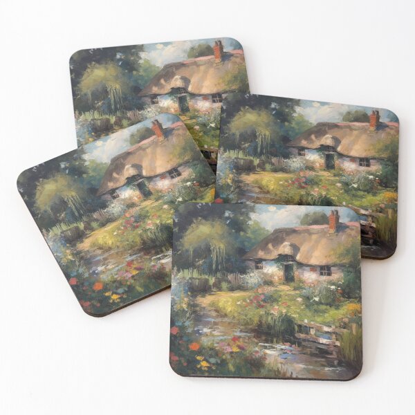 Item preview, English Thatched Chocolate Box Cottage by the River in Summertime designed and sold by MeadowFarmPrint.