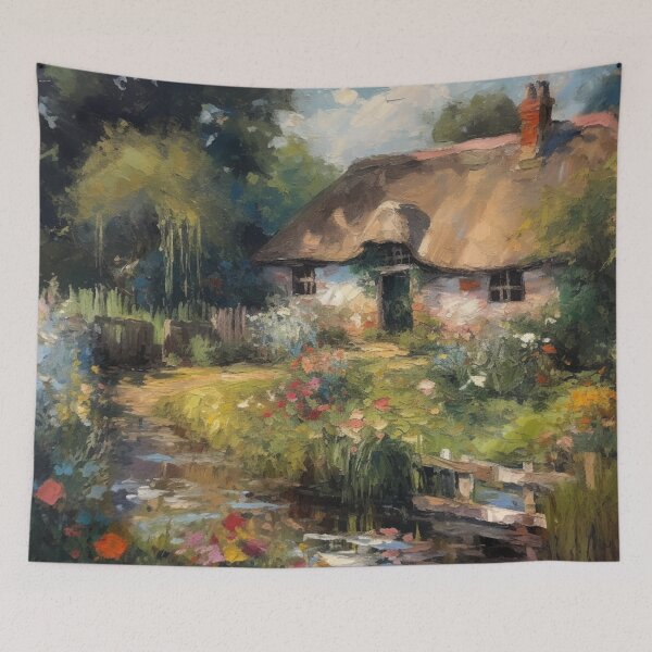 Item preview, English Thatched Chocolate Box Cottage by the River in Summertime designed and sold by MeadowFarmPrint.