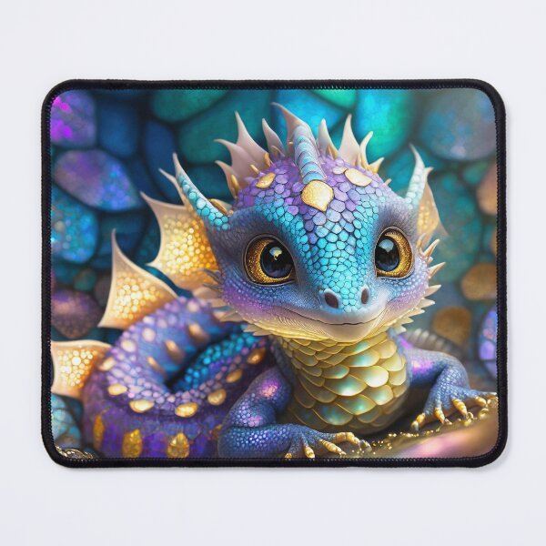 Item preview, Cute baby dragon with big eyes curled up laying down, sparkling colorful 3d fractal scales designed and sold by Westcoast Kids.
