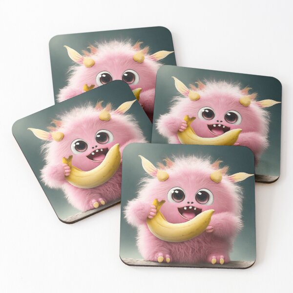 Item preview, A cute fluffy pink monster eating banana designed and sold by Westcoast Kids.