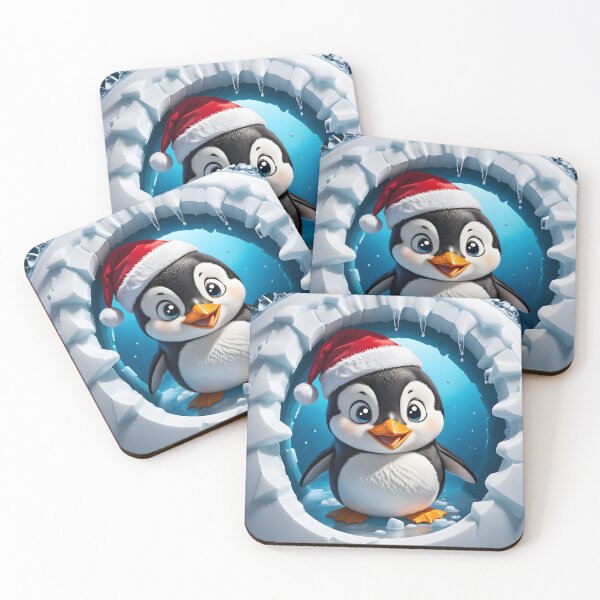 Item preview, A smiling penguin in a Santa hat jumping out of a round cartoon hole through a white ice cracked wall designed and sold by Niktarka.