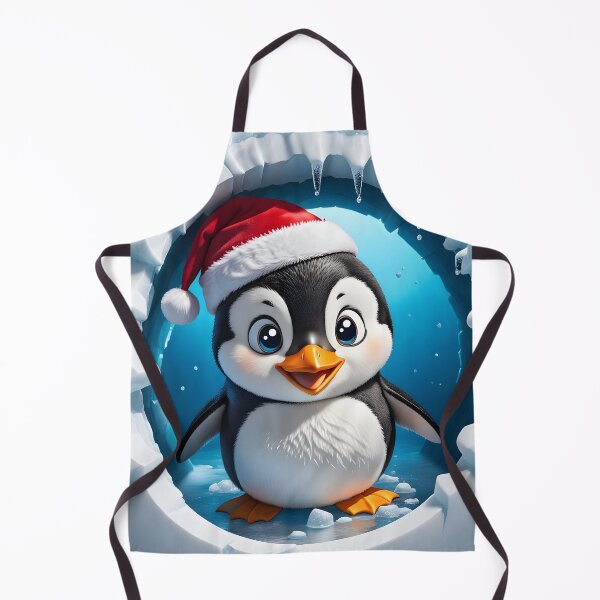 Item preview, A smiling penguin in a Santa hat jumping out of a round cartoon hole through a white ice cracked wall designed and sold by Niktarka.