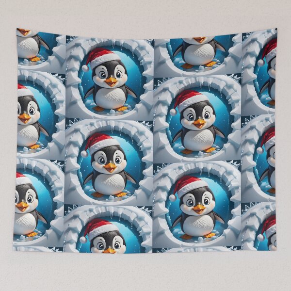 Item preview, A smiling penguin in a Santa hat jumping out of a round cartoon hole through a white ice cracked wall designed and sold by Niktarka.