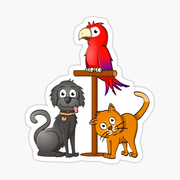 Drawing of a black dog, an orange cat and red parrot Sticker