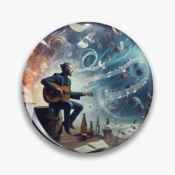 Item preview, "Musical Fantasy Artwork: Man, Guitar, Floating Notes, and Mystical Planets in Dark Background" designed and sold by Huycao211.
