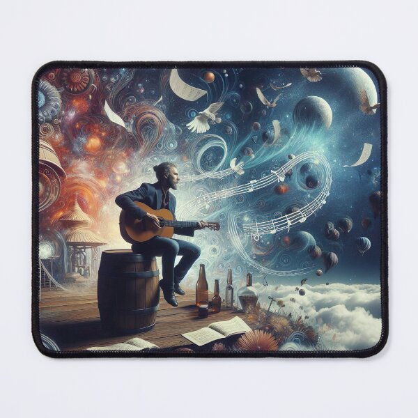 Item preview, "Musical Fantasy Artwork: Man, Guitar, Floating Notes, and Mystical Planets in Dark Background" designed and sold by Huycao211.