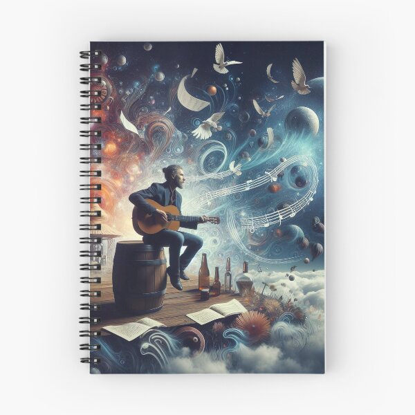Item preview, "Musical Fantasy Artwork: Man, Guitar, Floating Notes, and Mystical Planets in Dark Background" designed and sold by Huycao211.