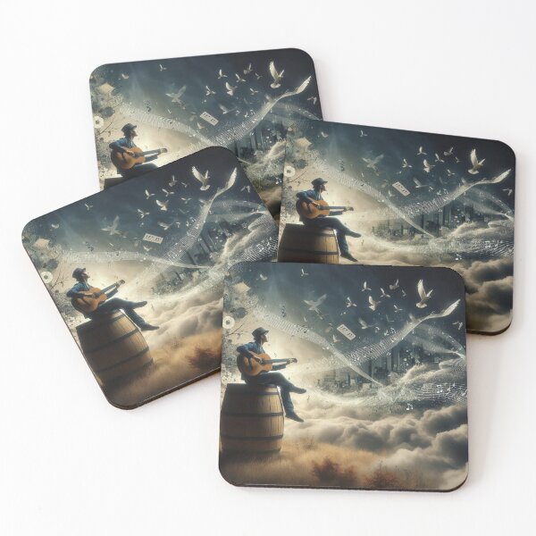 Item preview, "Musical Fantasy Artwork: Man, Guitar, Floating Notes, and Mystical Planets in Dark Background" designed and sold by Huycao211.