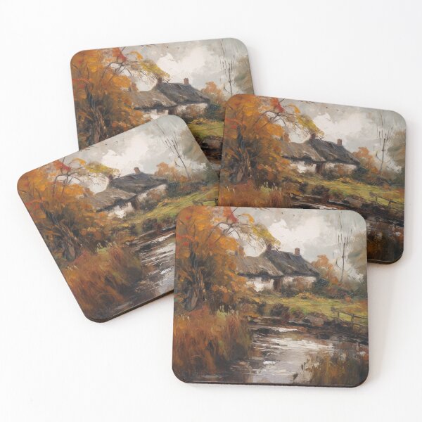 Item preview, English Thatched Cottage by the River in Autumn designed and sold by MeadowFarmPrint.