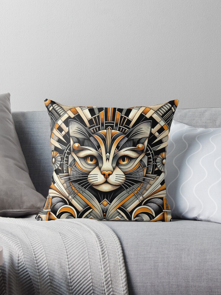 Thumbnail 1 of 4, Pillow, Art Deco Inspired Geometric Cat Portrait - Modern Feline Elegance Artwork designed and sold by bsilvia.