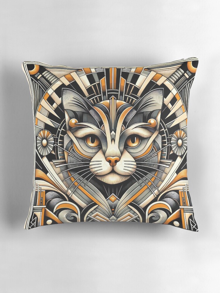 Thumbnail 3 of 4, Pillow, Art Deco Inspired Geometric Cat Portrait - Modern Feline Elegance Artwork designed and sold by bsilvia.