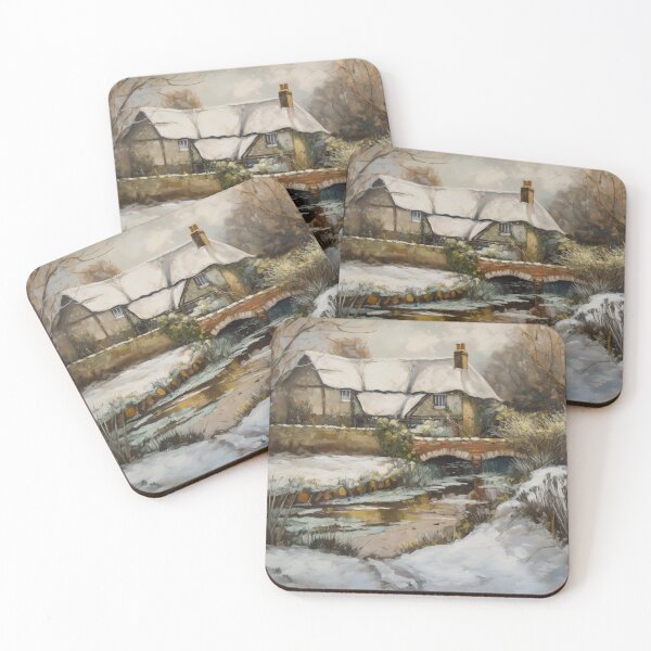 Item preview, English Thatched Cottage by the River in Wintertime designed and sold by MeadowFarmPrint.