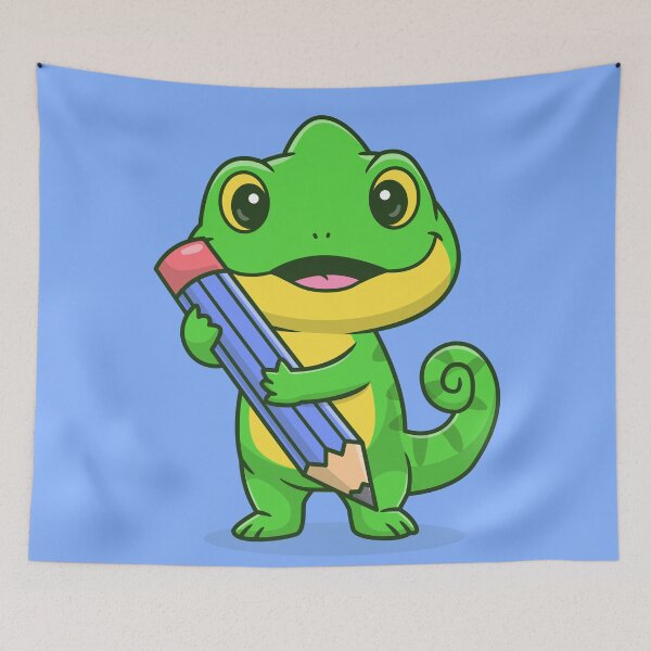Item preview, Artistic Chameleon: Cute Chameleon Holding Pencil Cartoon Vector Icon Illustration designed and sold by hjian8219.