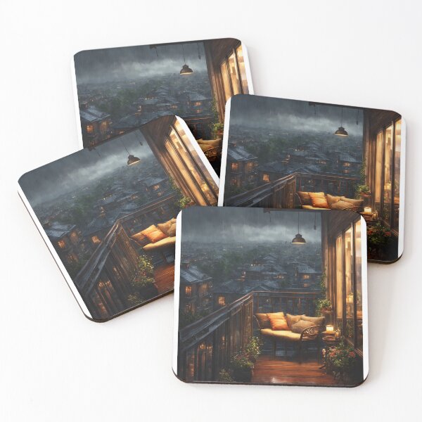 Item preview, beautiful cozy balcony overlooking a rainy cityscape. designed and sold by AmrTaha86.