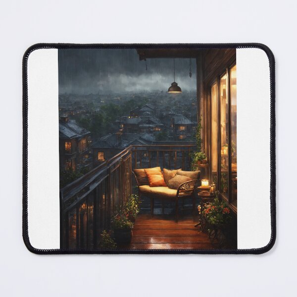 Item preview, beautiful cozy balcony overlooking a rainy cityscape. designed and sold by AmrTaha86.