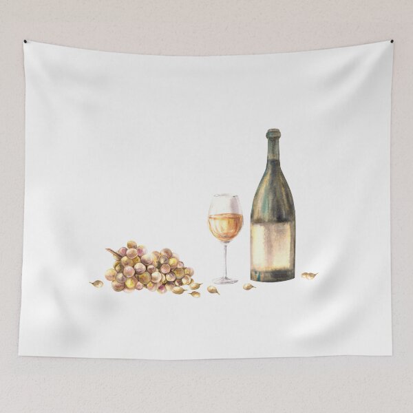 Item preview, Clipart with bottle and glass of white wine with bunch of grapes, berries Watercolour painting illustration designed and sold by BartolArt.