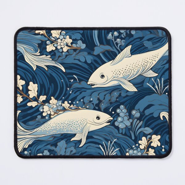 Item preview, William Morris-Inspired Artwork Design with White Fish and Flowers on Aquatic Blue Background designed and sold by cleverEndeavor.