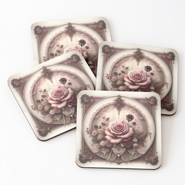 Aperçu de l'œuvre Oeuvre florale vintage Rose Fantasy, couleurs rose poussiéreux, bordeaux et sépia avec fleurs et dentelle créée et vendue par coreexpressions.