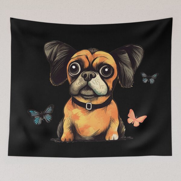Item preview, Cute dog puppy fascinated by colorful butterflies designed and sold by WallGemsArt.