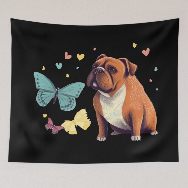 Item preview, Small world of the bulldog - dog discovers colorful butterflies designed and sold by WallGemsArt.