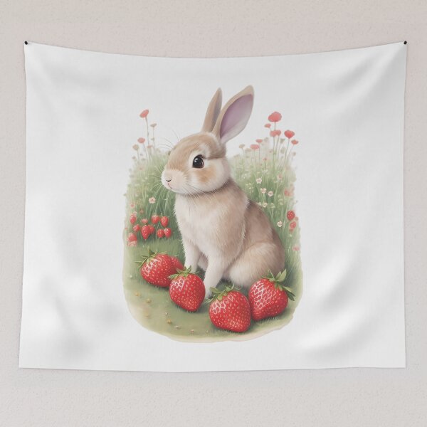 Aperçu de l'œuvre Lapin mignon traditionnel à l'aquarelle avec des fleurs dans un champ de fraises créée et vendue par BardCoreDesigns.