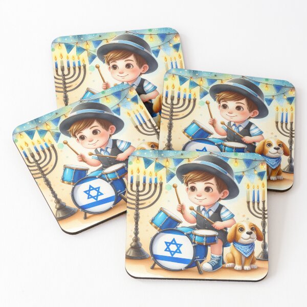 Item preview, Boy playing drums with mixed breed puppy dog and Hanukkah decor designed and sold by ElegantTeaTime.