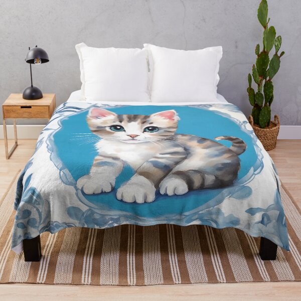 Item preview, Cute kitten on blue and white chinoiserie background designed and sold by SophieClimaArt.
