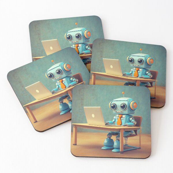 Aperçu de l'œuvre Joli robot au bureau assis au bureau avec un ordinateur portable avec une chemise bleue et une cravate orange - rendu 3D créée et vendue par Westcoast Kids.
