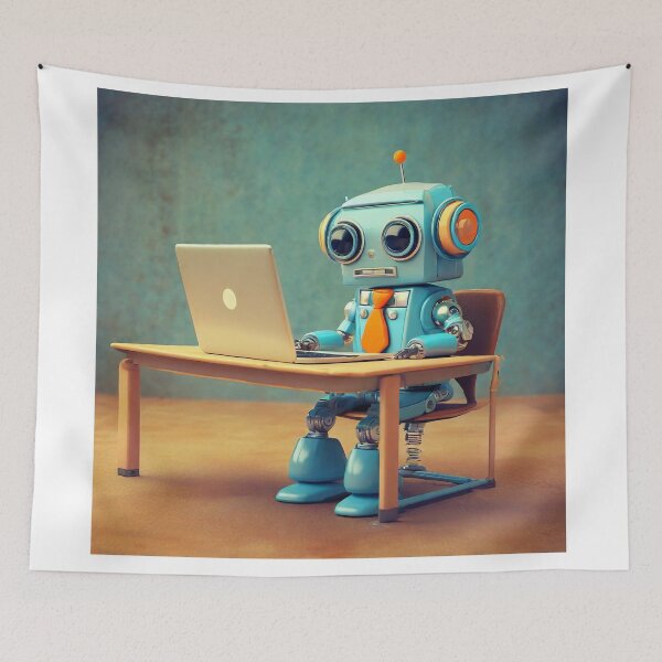 Aperçu de l'œuvre Joli robot au bureau assis au bureau avec un ordinateur portable avec une chemise bleue et une cravate orange - rendu 3D créée et vendue par Westcoast Kids.