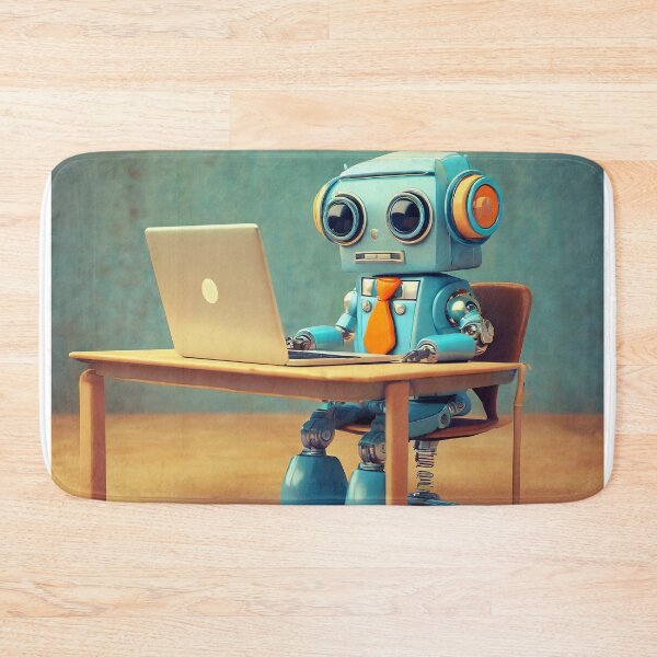 Item preview, Cute robot in office sitting at desk with laptop with blue shirt and orange tie- 3D render designed and sold by Westcoast Kids.