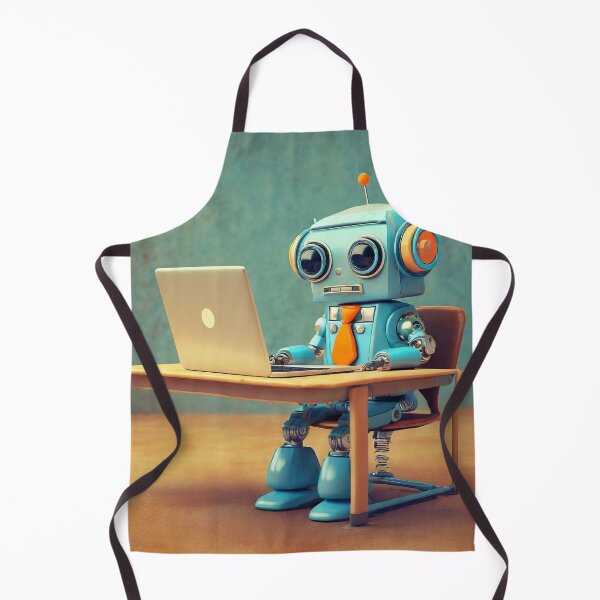 Aperçu de l'œuvre Joli robot au bureau assis au bureau avec un ordinateur portable avec une chemise bleue et une cravate orange - rendu 3D créée et vendue par Westcoast Kids.