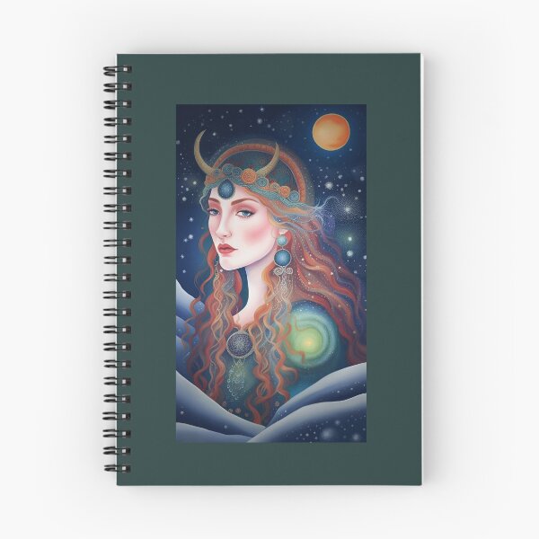 Item preview, deity with a diadem decorated with horns and spirals on a starry full moon background, Celtic symbolism designed and sold by Creativesphotos.