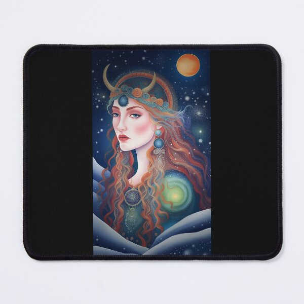 Item preview, deity with a diadem decorated with horns and spirals on a starry full moon background, Celtic symbolism designed and sold by Creativesphotos.