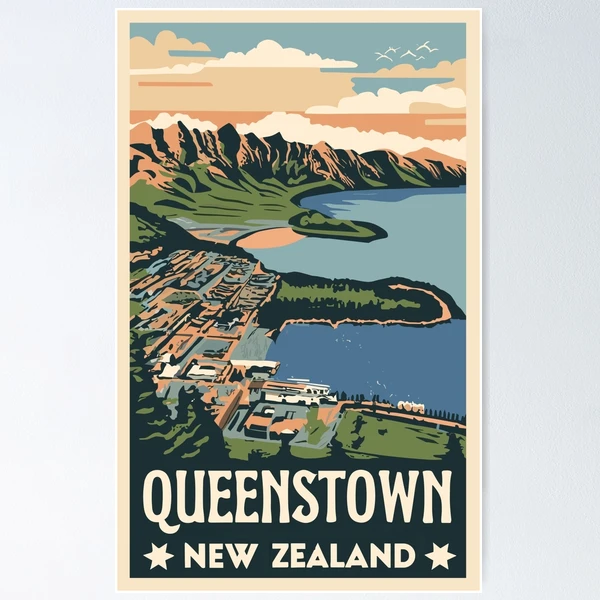 A Vintage Travel Art of Queenstown - New Zealand 