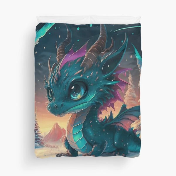 Colorful Aurora Chibi Dragon In Winter Landscape Duvet Cover