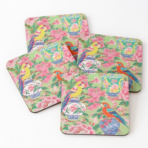 Item preview, Parrots and Ming vases chinoiserie designed and sold by SophieClimaArt.