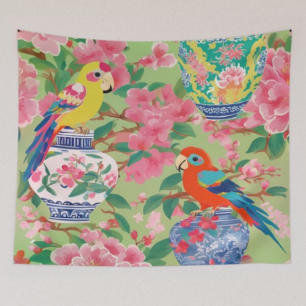 Item preview, Parrots and Ming vases chinoiserie designed and sold by SophieClimaArt.
