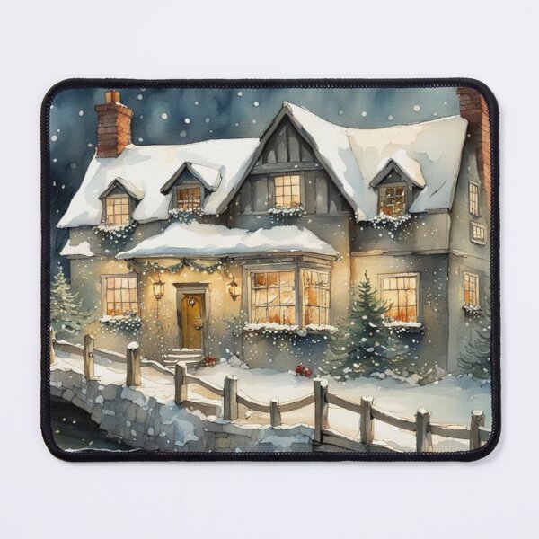 Item preview, Christmas Cottage Snowy English House by a River at Night Time designed and sold by MeadowFarmPrint.