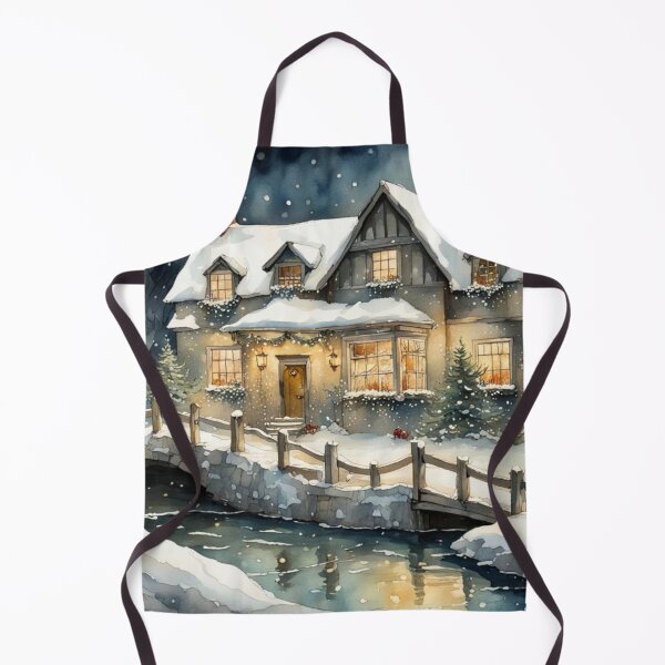 Item preview, Christmas Cottage Snowy English House by a River at Night Time designed and sold by MeadowFarmPrint.