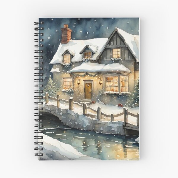 Item preview, Christmas Cottage Snowy English House by a River at Night Time designed and sold by MeadowFarmPrint.