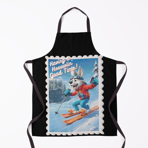 Item preview, "Having a Hooowlin' Good Time" Funny Pun Postcard Stamp with Cute and Cool Cartoon Ski Wolf in the Snow designed and sold by BardCoreDesigns.